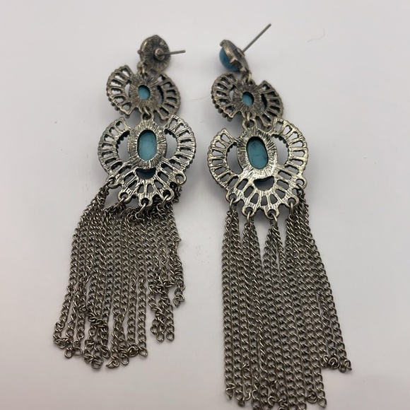 Silver Toned Metal with Plastic Faux Turquoise Cabochon Dangle Earrings (F12) - Picture 6 of 6